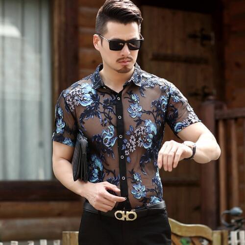 New arrival summer mens hollow floral shirts sexy see through lace clothes short sleeve male hollow embroidery shirts