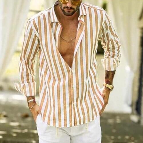 2021 Striped Print Men Shirt Turn-down Collar Handsome Long Sleeve Buttons Closure Casual Shirt Streetwear