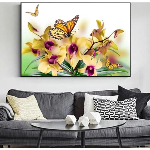 Orchid Flowers Wall Art Canvs Prints Butterflies Yellow Fower Canvs Paintings On The Wall Pictures For Living Room Cuadros Decor