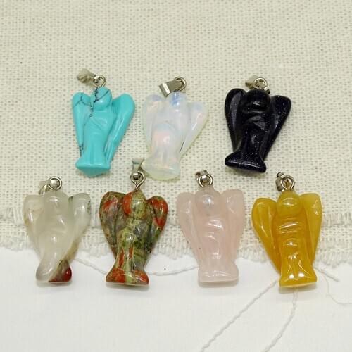 New Hot Selling Fashion Carved Mixed natural Stone Angel Charms Pendants for Necklace making jewelry 12pcs Wholesale lots