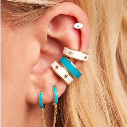 2021 European new fashion women charming wedding jewelry Gold plated colorful enamel engraved star band ear bone clip on earring