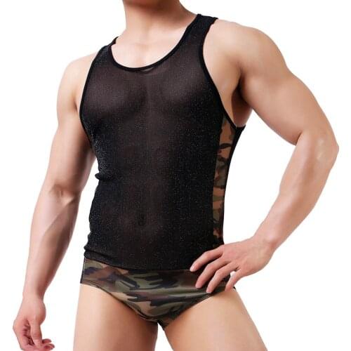New Men Semi transprant Camo figure body suit flocking fashion sexy tight man sleeveless vest Gay jumpsuit E693