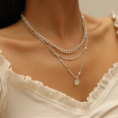 Vintage Multi-layer Clavicle Chain Necklace for Women Gold Silver Color Alloy Round Coin Pendant Necklaces Statement Jewelry
