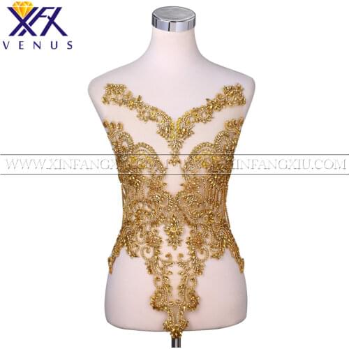 XFX VENUS 1 Piece Solid Gold Crystal Applique Beaded Rhinestone Patch Dress Embellishment DIY Dress Trim for Bridal Party Dress