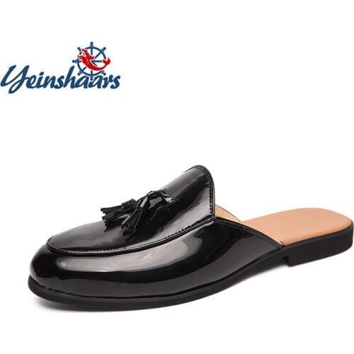 YEINSHAARS 2019 Luxury Brand Patent Leather 38~46 Slippers Men Flip Flops Sandals Classic Mules Slides Outdoor Man Tassel Shoes