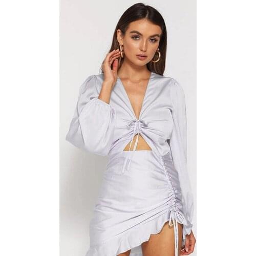 Womens sexy hollow out dresses lace up deep v-neck irregular mini dresses autumn ruffles long sleeved office ladies dress