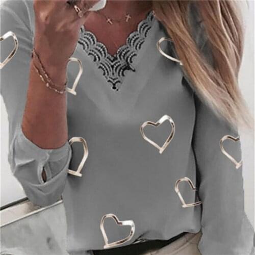 Fall New Tops Ladies' Long-Sleeved Fashion Love Printing Clothes V-Neck Lace Patchwork Bottoming T-Shirts Female Casual Clothing