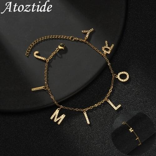 Atoztide Custom Name Multiple Letters Crystal Bracelet for Women 3 Colors Stainless Steel Personalized HandChain Jewelry Gifts