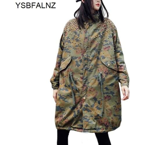 Plus Size Camouflage Trench Coat Women Autumn Winter 2021 Fleece Leopard Coat Pockets Overcoat Female Outwear Rivet Loose Tops
