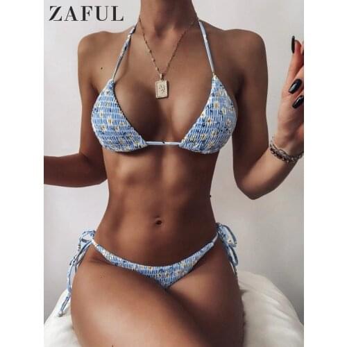 ZAFUL Ditsy Print Halter Bikini Set Padded Swimwear Women Floral String Tie Swimsuit Brazilian Beachwear Sexy Femme Bathing Suit