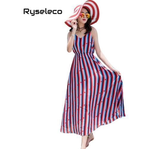 Ryseleco Summer Vacation Beach Chiffon Big Swing Striped Maxi Slip Dress Women Boho Spaghetti Strap A-Line V-Neck Long Vestidos