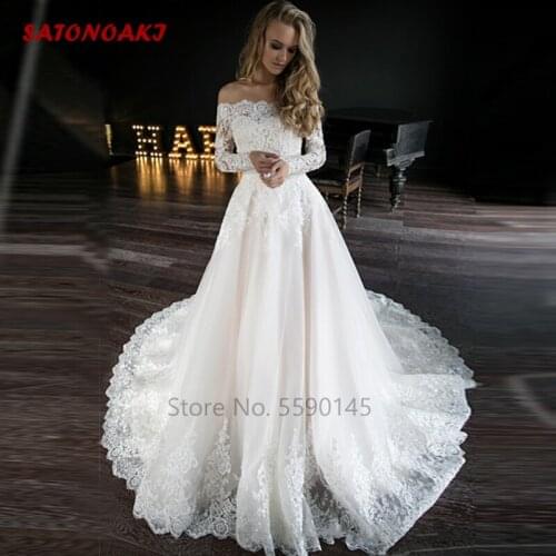 Elegant Off The Shoulder Sequined Beading Wedding Dress Lace Long Sleeve Button Back Bridal Gown Vestidos De Novia Online Shop