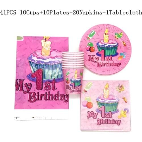 61PCS/lot My First Birthday Theme Tableware Children Birthday Party Paper Cup Plate Napkin Wedding Dish Glass Tissue Tablecover