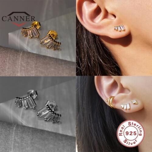 CANNER 925 Sterling Silver Stud Earrings For Women Baguette Crystal Stone Petite Piercing Earrings boucle oreille femme Jewelry