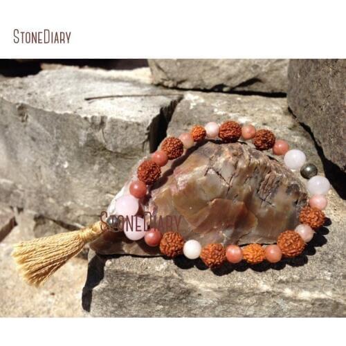 Healing Rose Quartzs Rudraksha Beaded with Pink Lepidolite Pyrite 27 Bead Stacking Quarter Mala Tassel Bracelet BM10996