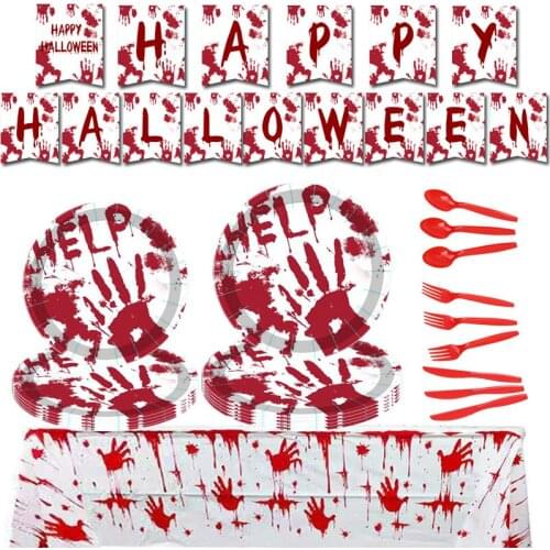 Halloween Horror Blood Hand Birthday Holiday Party Set Pull Flag Paper Cup Paper Plate Tableware Supplies Decoration