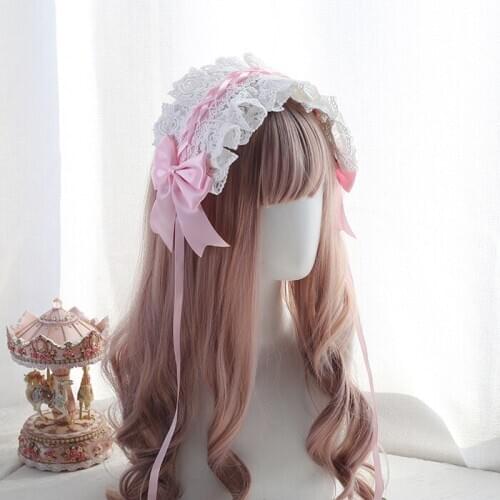 Kawaii Lolita Handmade Pure Cotton Lace Bowknot BB Hat Nightcap Matched With Babaydoll Cosplay Lovely Rabbit Ears Cap Headwear