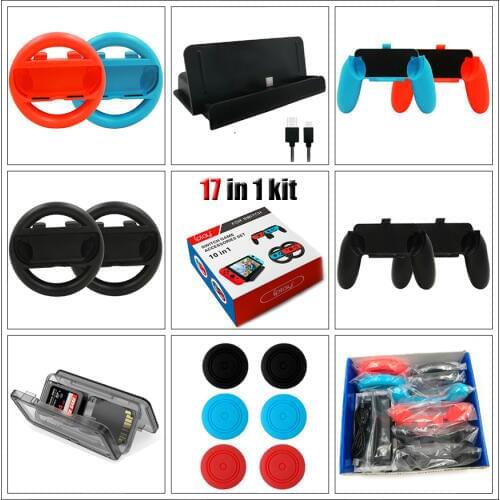 Nintend Switch 17 in 1 Accessories Set with 4 * Steer Wheel Handle & 4 * Controller Grips Type-C Cable Charger 6 Caps + Card Box