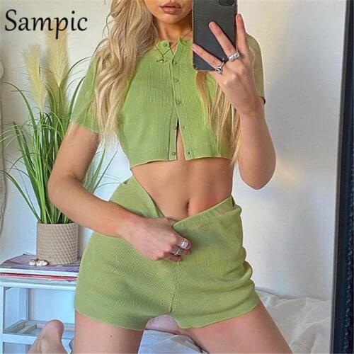 Sampic Summer Casual Knit Tracksuit Women Shorts Set Skinny Short Sleeve Tops And Mini Shorts Suit Two Piece Set Lounge Wear