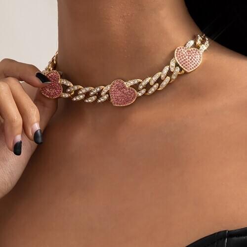 Creative Simple Rhinestone Heart Necklace for Women Retro Crystal Miami Cuban Necklaces Fashion Glamour Girl Jewelry Gift