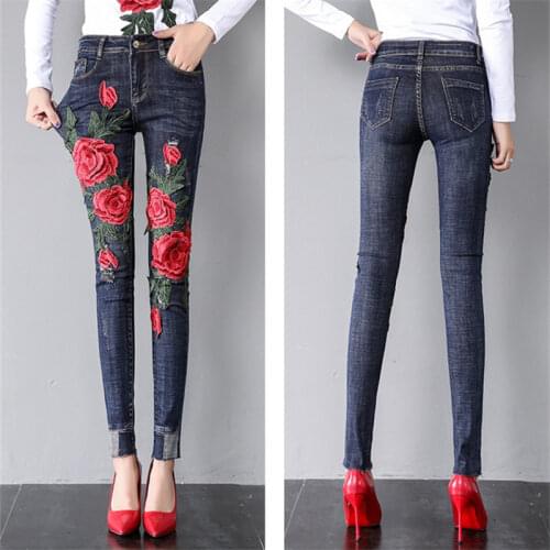 Fashion Womens Jeans 2020 Europe Style Embroidery Flower Holes Denim Pants Girls Slim Skinny Pencil Pant Trousers