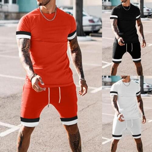 Men’s Summer 2-piece Suit Beach Patchwork Short Sleeve Shirts & Shorts Pants Sets High Quality Simple Daily Sets Free Shipping