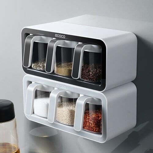 Wall Mount Spice Rack Sugar Bowl Salt Shaker Organizer Seasoning Container Spice Boxes Kitchen Supplies kitchen Storage Set