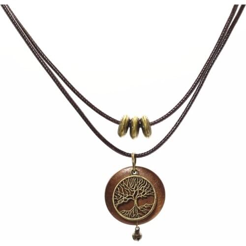 New Arrival Vintage Sweater Chain Choker Necklace Bronze Tree Round Wood Pendant Necklaces For Women 2 Layers Jewelry