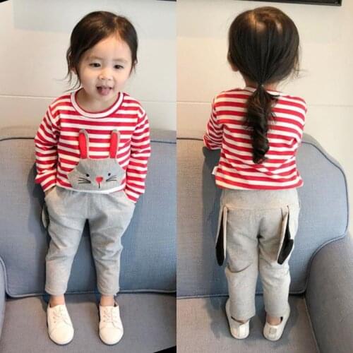 New baby girl set children casual striped cartoon bottoming shirt solid color pants two pieces spring autumn tracksuit Kids