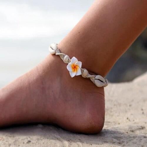 Bohemia Fashion Natural Seashell Soft Clay Flowers Ankle Anklets For Women Vintage Handmade Weave Rope Chain Foot Jewelry Anklet