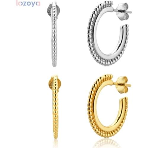 LOZOYA 100% 925 Sterling Silver Gold 12.5mm Punk Party Twist Beads Hoops Circle Earring 2021 Rock Statement Luxuty Jewelry