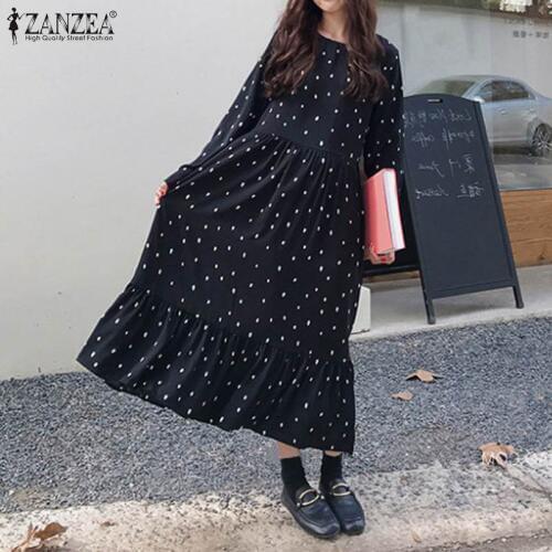 ZANZEA 2021 Autumn Women Dress Maxi Long Vestidos Bohemian Polka Dot Ruffles Hem Summer Sundress Beach Robe Femme Long Shirts