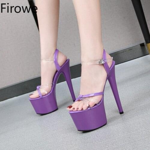 Firowe Women Clear Transparent Patent Leather High Heels Stiletto Sexy Platform Shoes Super High 20cm Sandals Blue size 44