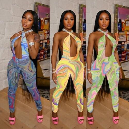 Colorful Print Sheer Mesh Jumpsuit Halter Cross V Neck Bodycon One Piece Overalls Women Summer Sleeveless Hollow Out Outfits