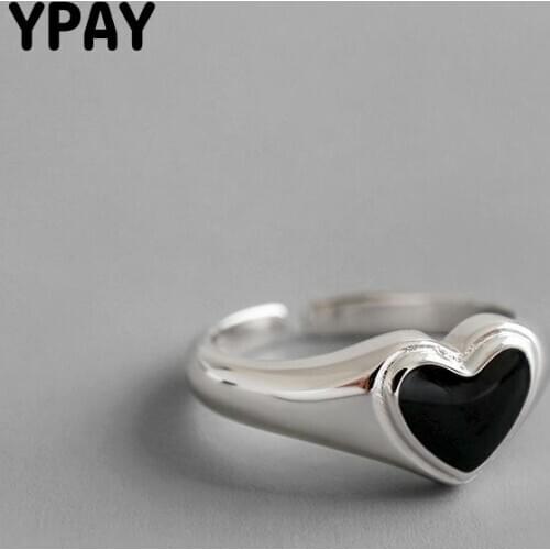 YPAY 100% Genuine 925 Sterling Silver Open Rings Women Classic Black Glue Stone Heart Finger Ring Bagues Fine Jewelry YMR1006