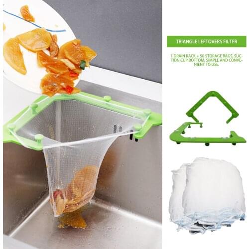 50Pcs Triangle Drainage Rack Kitchen Sink Strainer Corner Filter Net Hanging Net Special Leftovers Filter With 50 Storage Bags