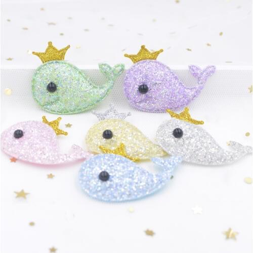 6Pcs Upscale Shiny Powders Fabric Padded Patches Cartoon Whale Stick-on Crown Appliques for Baby Clothes Hair Clips Ornament S12