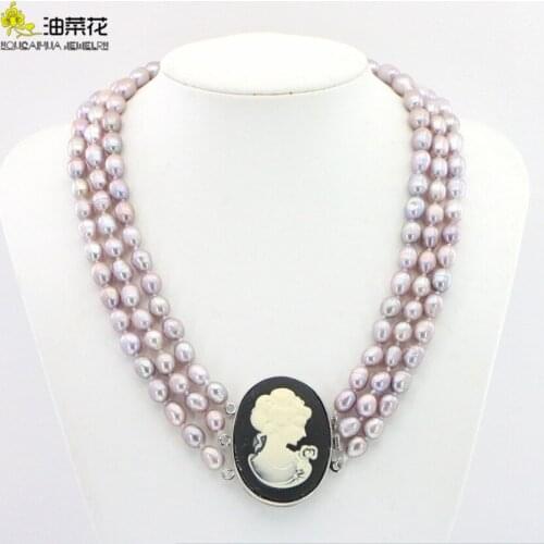BaroqueOnly Natural Freshwater Pearl 3 Rows Rice Necklace Beautiful Goddess Button Women Girl Wedding Christmas Jewelry Gift