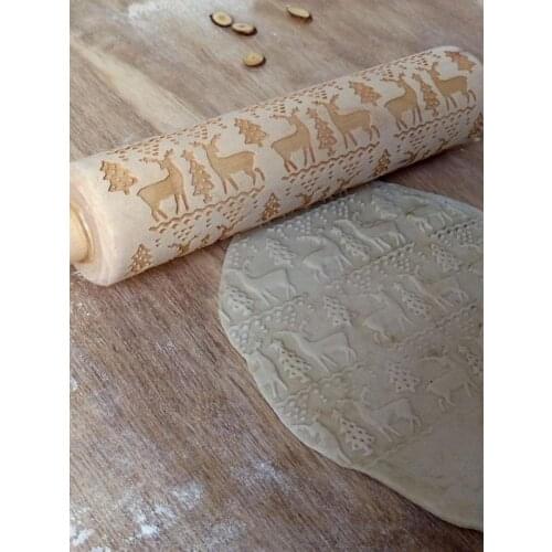 DIY Noodle Dough Stick Christmas Elements Wood Carved Baking Stick Wooden Rolling Pin Home Kitchen Supplies