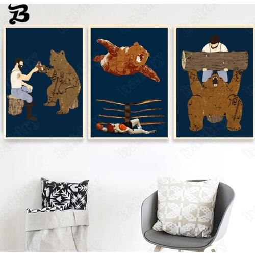 Canvas Painting Funny Bear Man Boxing Wall Art Posters and Prints Doing Excercise Wall Pictures for Room Gym Home Wall Decor