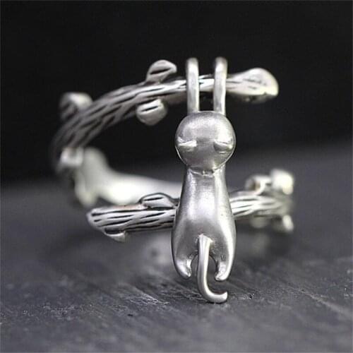 Cat Climb Pattern Cute Ring Silver Color For Woman Girl Mini Finger Accessories Tree Design Animal Embellish Jewelry Bijoux Gift