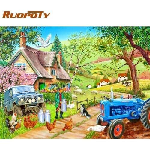 RUOPOTY Framed Paints By Numbers For Kids Diy Gift Countryside House Flower Scenery Painting Kits For Home Living Room Art Pictu