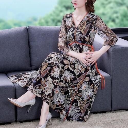 2021 Summer Boho Floral Silk Midi Dresses Spring Vintage 4XL Plus Size Chiffon Beach Dress Women Elegant Bodycon Party Vestidos
