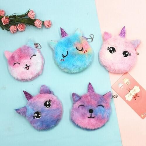 Cute Cat Fur Circle Wallet Girl Clutch Embroidered Bag Key Earphone Organizer Pouch Kids Gift Cartoon Plush Unicorn Coin Purse