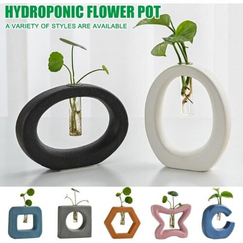 Table Desk Bulb Glass Hydroponic Vase Flower Plant Pot with Ceramic Tray Office Decor E7