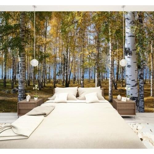 Custom Size 3D Photo Mural Birch Forest Landscape Removable Wall Papers Self-adhesive Vinyl Wall Sticker Art Home Decor