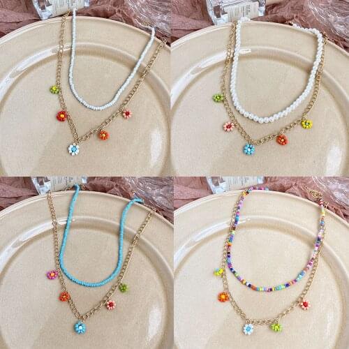 New Korea Lovely Daisy Flowers Colorful Beaded White Pearls Charm Statement Short Choker Necklace for Women Vacation Jewelry