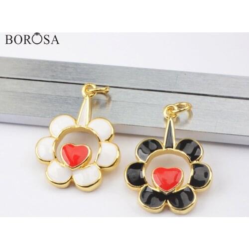 BOROSA Gold Enamel Paint Charms for Earrings Making Lovely Flower&Heart Necklace Pendant for Women Jewelry Accessories WX1513