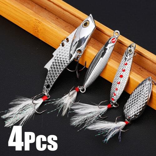 Sougayilang 4Pcs Metal Silver Fishing Lures Blade Baits Spoon Hard Lure with Feather Two Treble Hooks