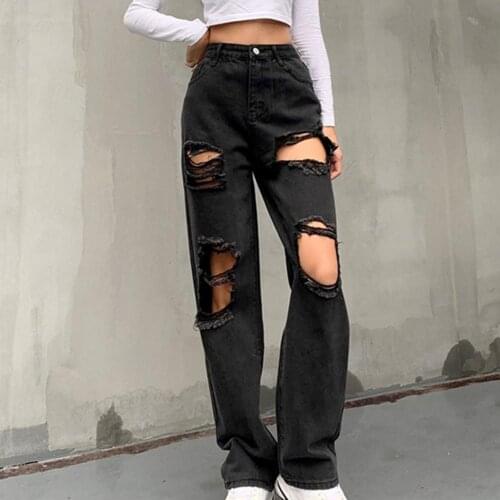 Dropshipping!! Casual Lady Jeans Loose Long Trousers High Waist Straight Ripped Jeans Women Accessory for Dating